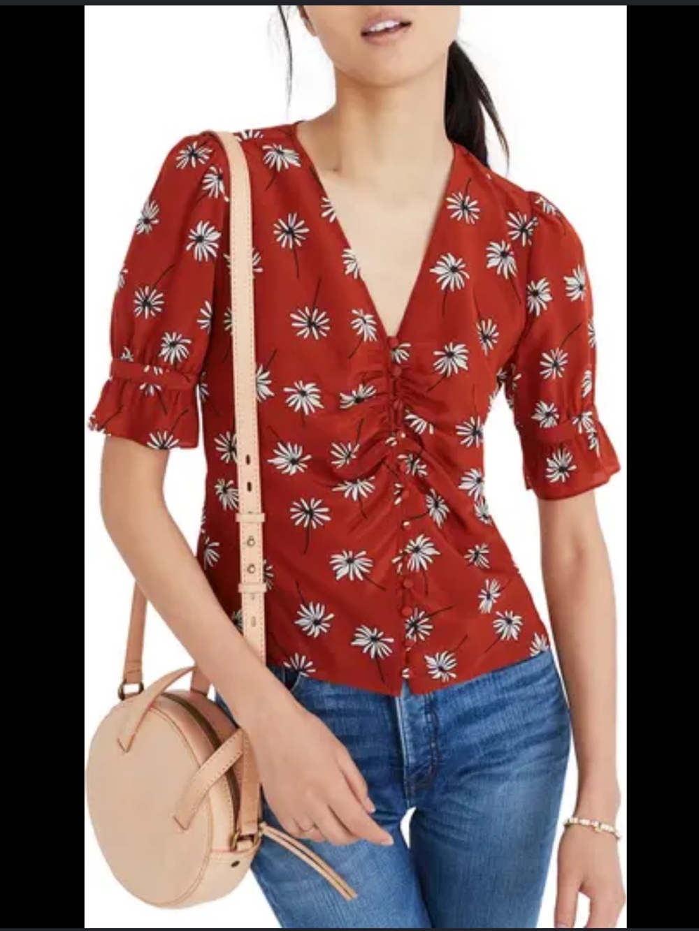 Madewell Daylight Fresh Daisies Silk Burnt Orange and White Top Size 2
